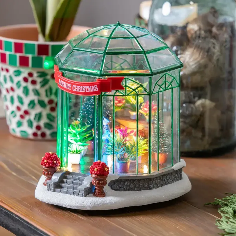 7.5&quot; LED Resin Christmas Greenhouse with Music Table Decor
