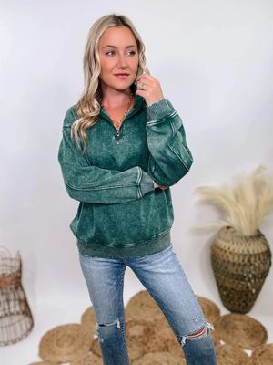 Zenana Dark Green Acid Washed Half Zip Fleece Pullover