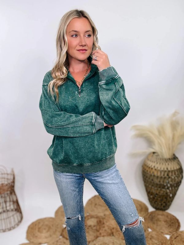 Zenana Dark Green Acid Washed Half Zip Fleece Pullover