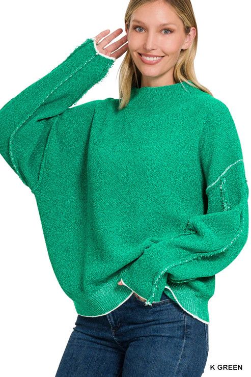 Zenana Oversized Raw Seam Chenille Sweater, Color: K Green, Size: S/M