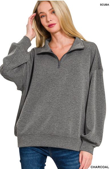 Zenana Scuba Zip Pullover, Color: Charcoal, Size: S