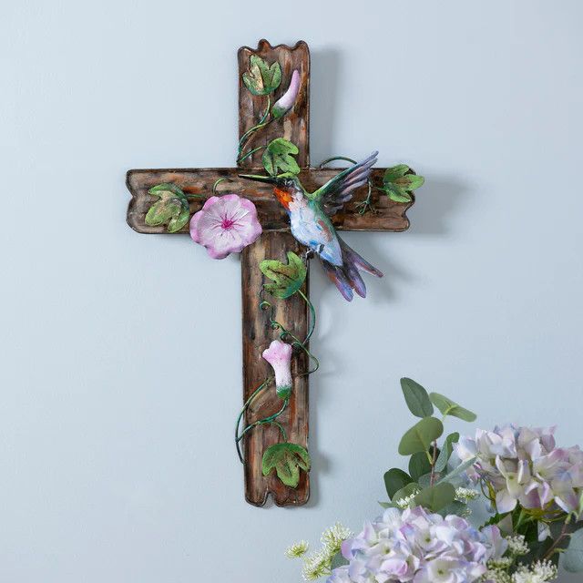 Cross with Flowers &amp; Hummingbird Wall Décor, 12&quot; L x 20&quot; H