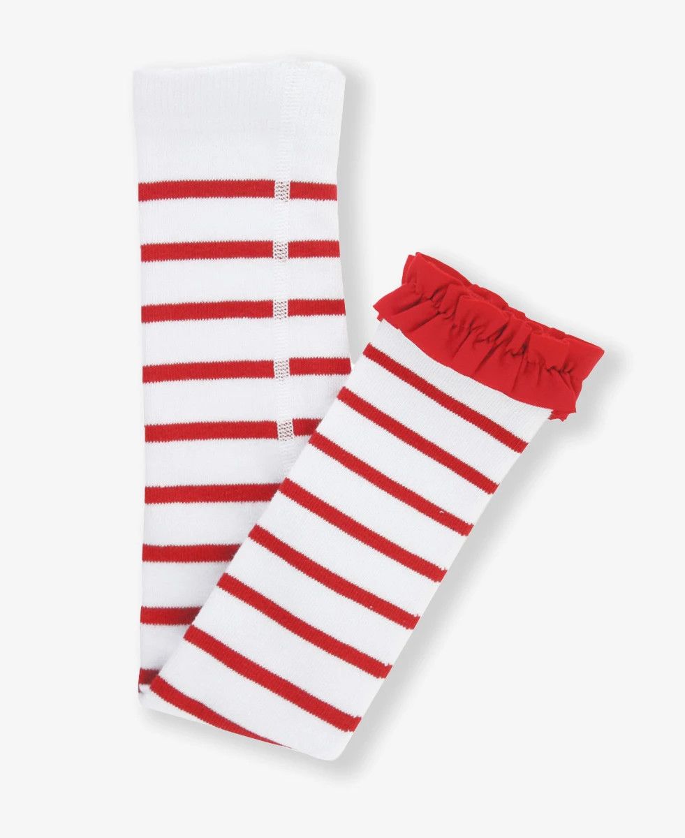 RuffleButts Girls Footless Red &amp; White Stripe Ruffle Tights 6-8