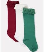 RuffleButts Dark Cherry, White &amp; Fir Green 3-pack Knee High Socks 6-12m