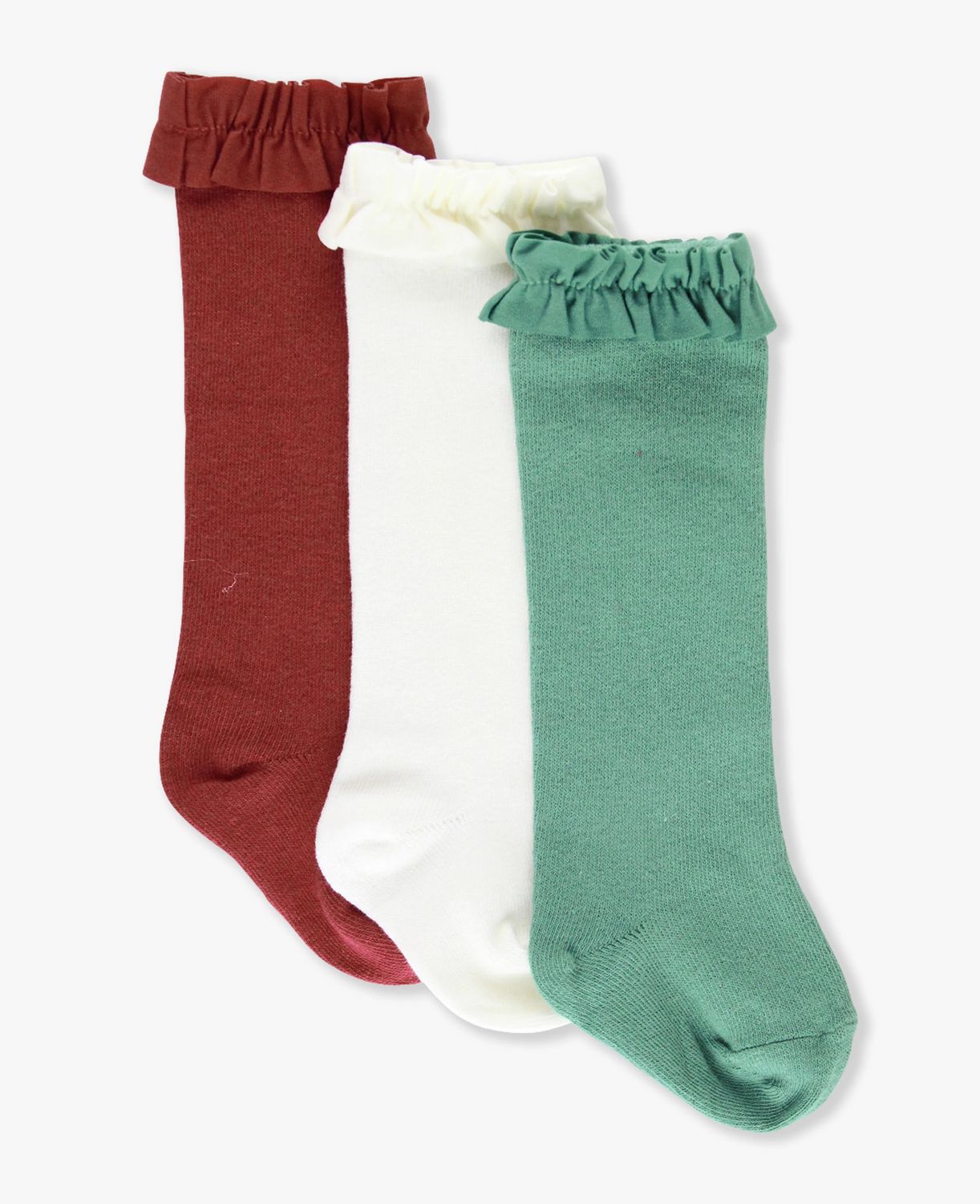 RuffleButts Rosewood, Ivory &amp; White Knee High Ruffled Socks 12-24m
