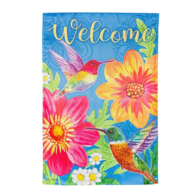 Colorful Hummingbird and Flowers Suede Garden Flag