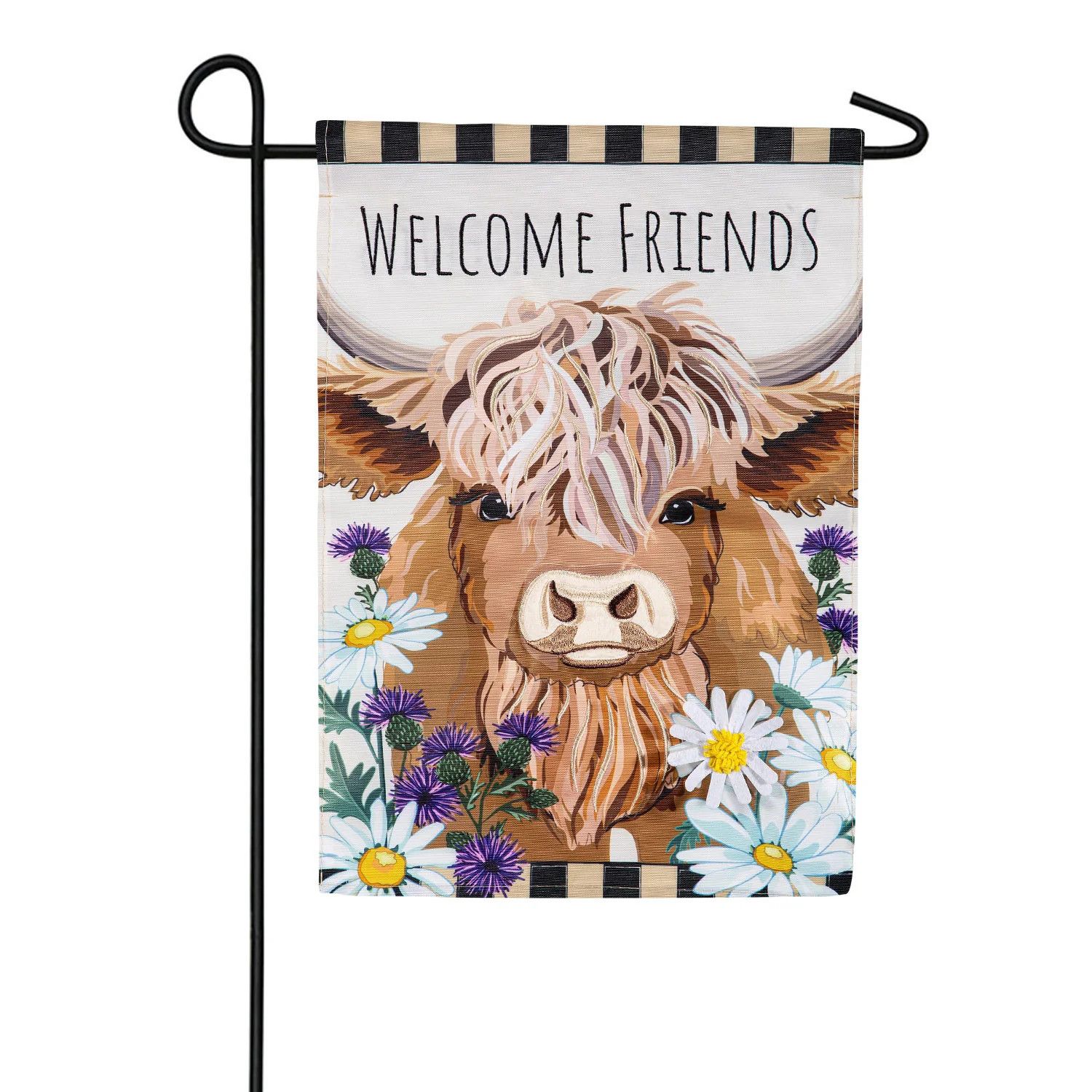 Highland Cow Welcome Friends Applique Garden Flag