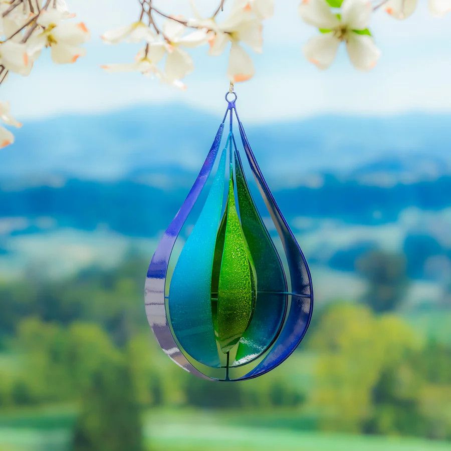Metal Wind Twirler Blue &amp; Green Teardrop 16&quot;H