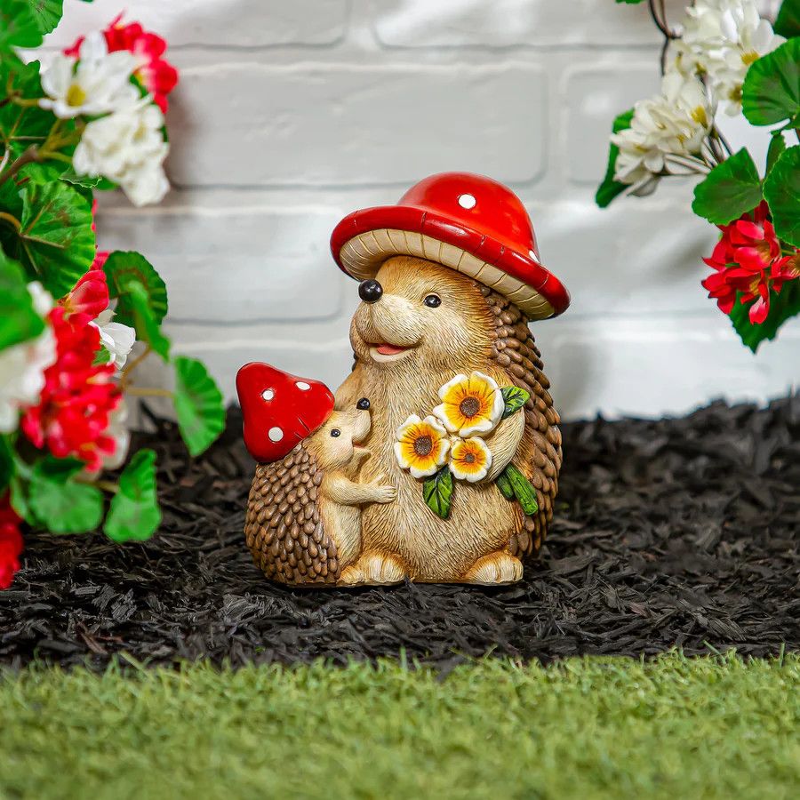 Resin Mushroom Hedgehog Family Garden Statue, 7&quot;H