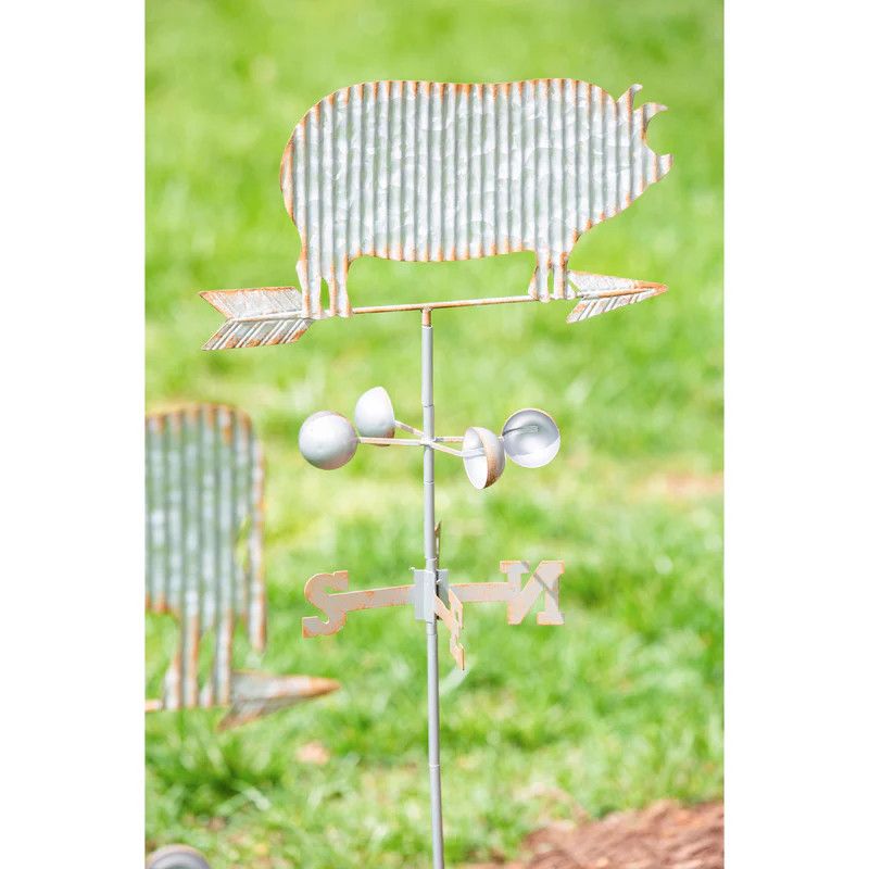 42&quot;H Weather Vane Garden Stake, Galvanized Corrugated, Pig