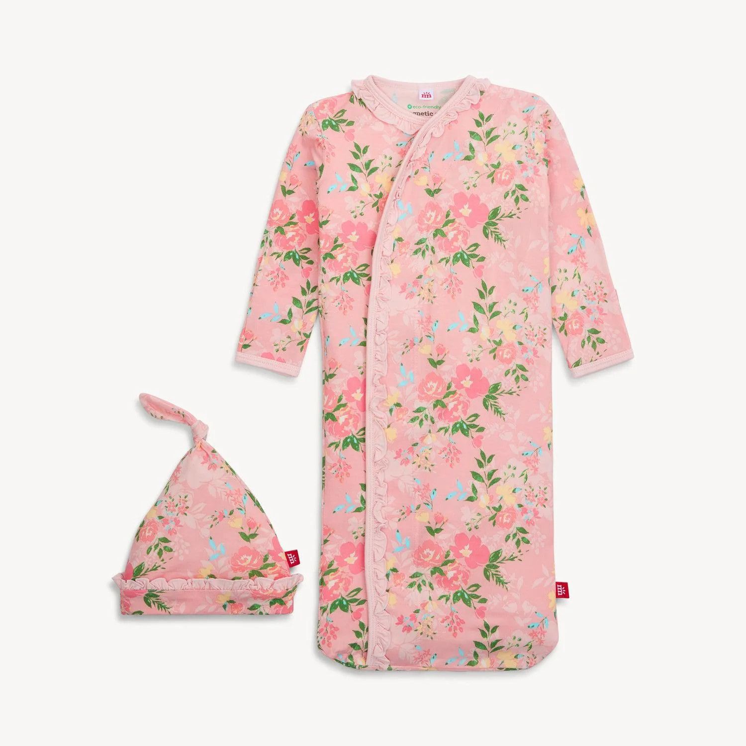 Magnetic Me ainslee modal magnetic cozy sleeper gown + hat set with ruffles NB-3M