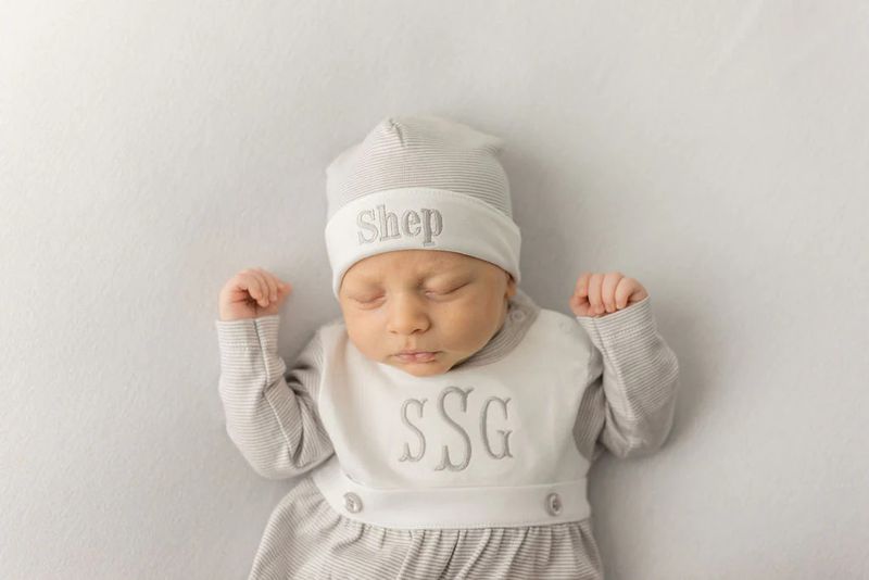 Silver Mini Stripe Bib Front Footie and Hat 0-3 month