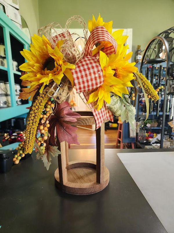 15" Wooden Round Lantern w/ Sunflower Topper