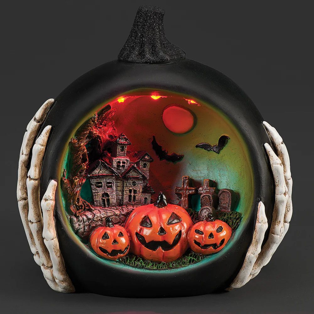 7.5&quot; H Lighted Black Pumpkin with Halloween Scene