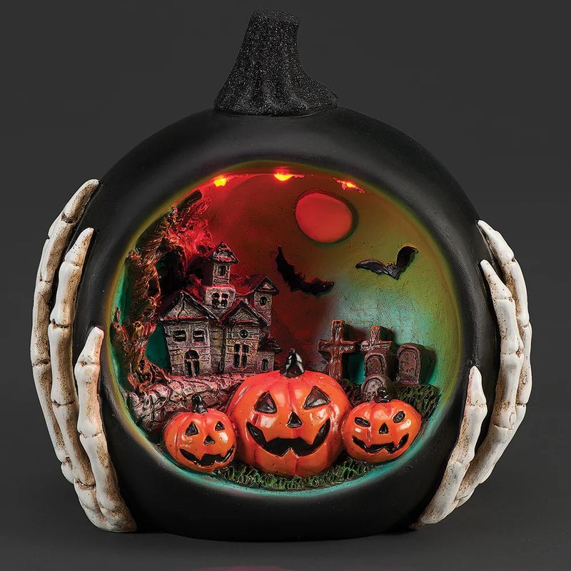 7.5" H Lighted Black Pumpkin with Halloween Scene