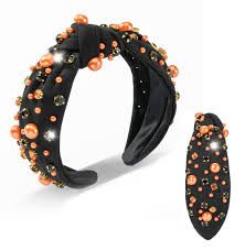 Halloween Headband Black-Orange Pearls and Rhinestones