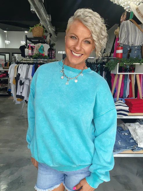 Zenana Acid Wash Fleece Oversized Pullover Turquoise, Size: S