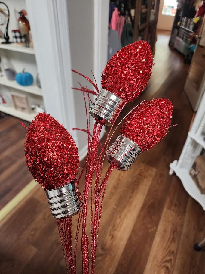 Tinsel Bulb Stem, Color: Red