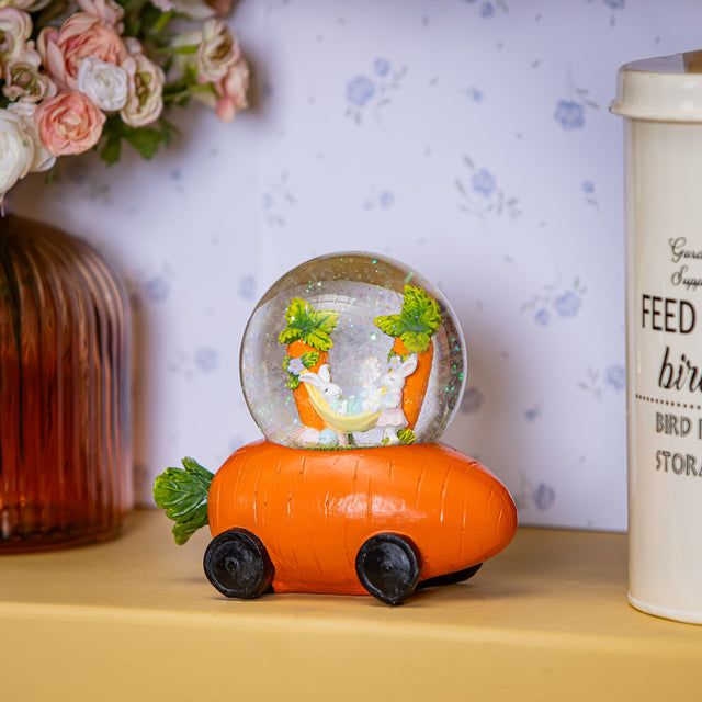Bunny Blooms Water Globe Resin Carrot Car with Easter Bunny Scene, 6.5"L