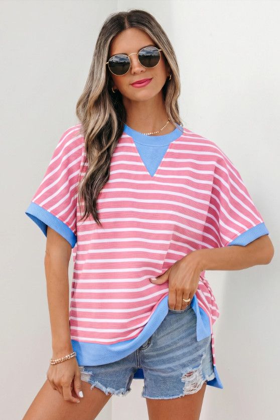 Pink Stripe Contrast Trim Loose Short Sleeve Top, Size: Small