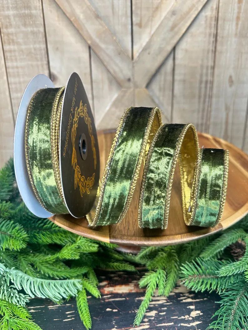 JME Olive Velvet Dupion Fused Ribbon 1"X10yd