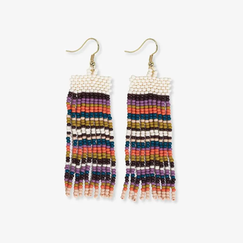 Adaline Horizontal Stripes Beaded Fringe Earrings Citron