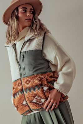 Sherpa Fleece Tribal Print High Neck Vest