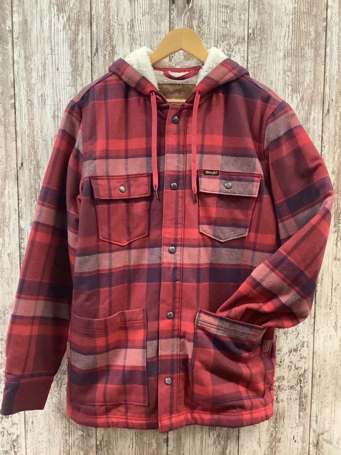 Wrangler Flannel Hooded Shirt Jacket In Garnet