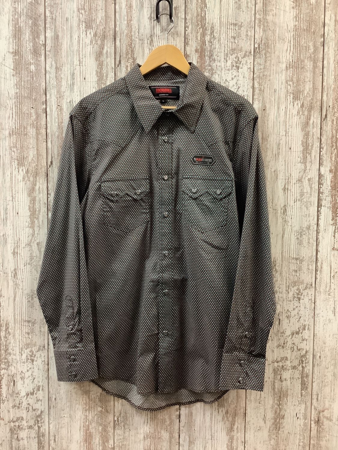 Rock &amp; Roll Horseshoe Print Long Sleeve Snap
