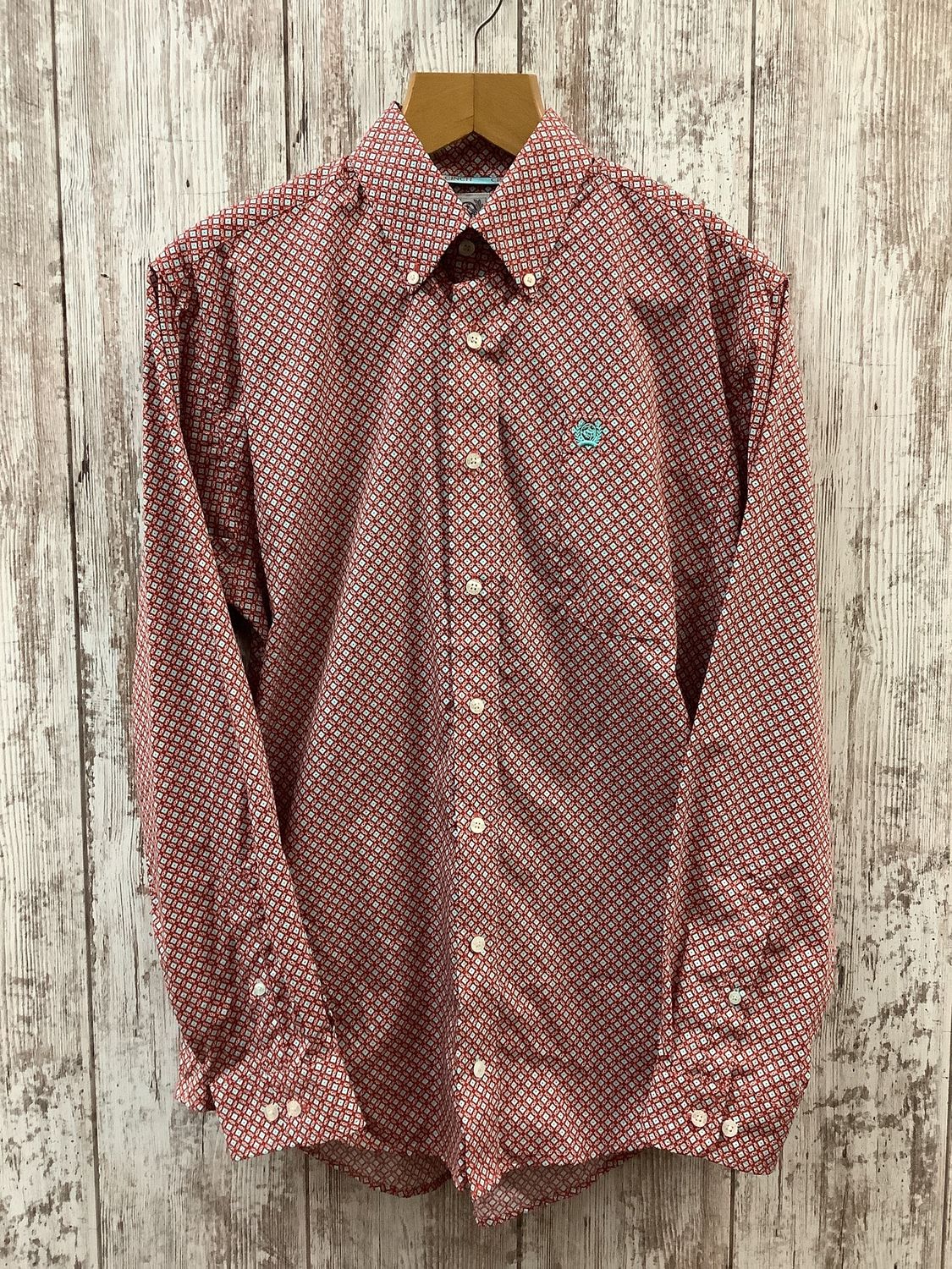 Cinch Classic Red &amp; Turq Diamond Print LS Button