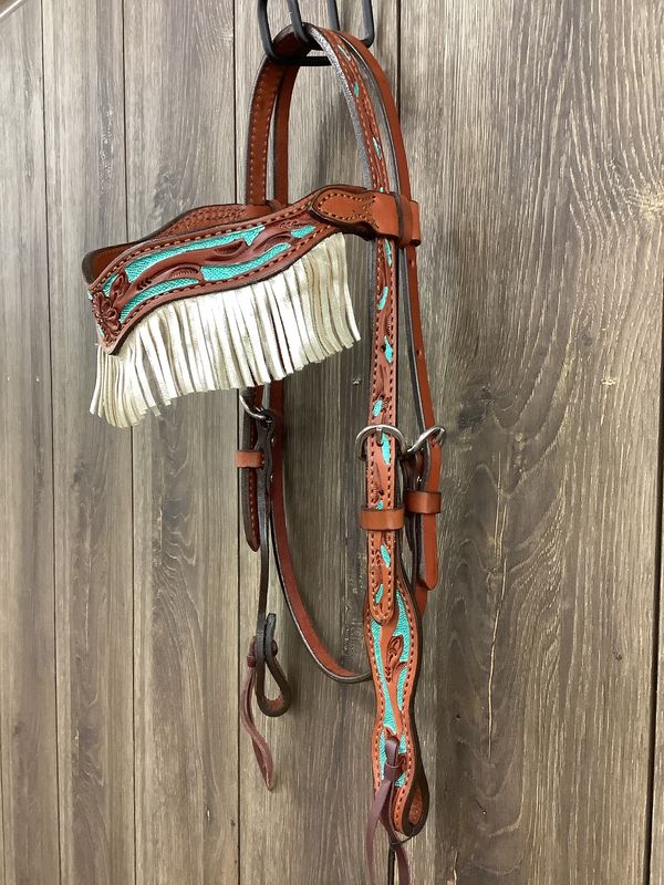 JBW Alamo Saddlery Headstall Teal with Fringe