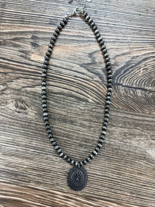Silver Beaded Concho Necklace