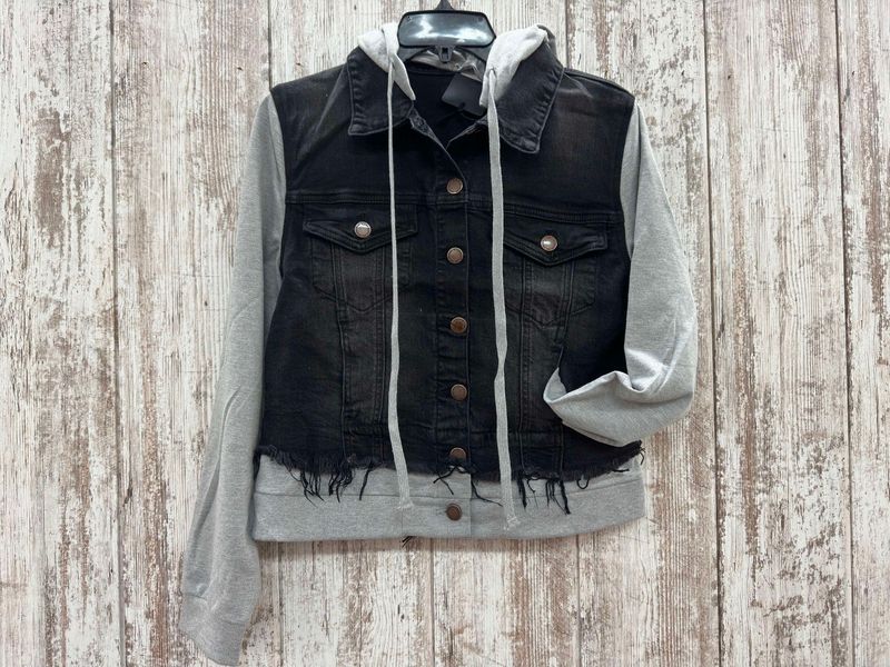 Hooded Denim Jacket with Terry Sleeve