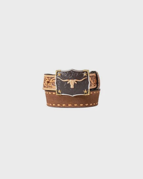 Nocona Youth Belt Roughout with Diamond Buckstitch Bull Buckle