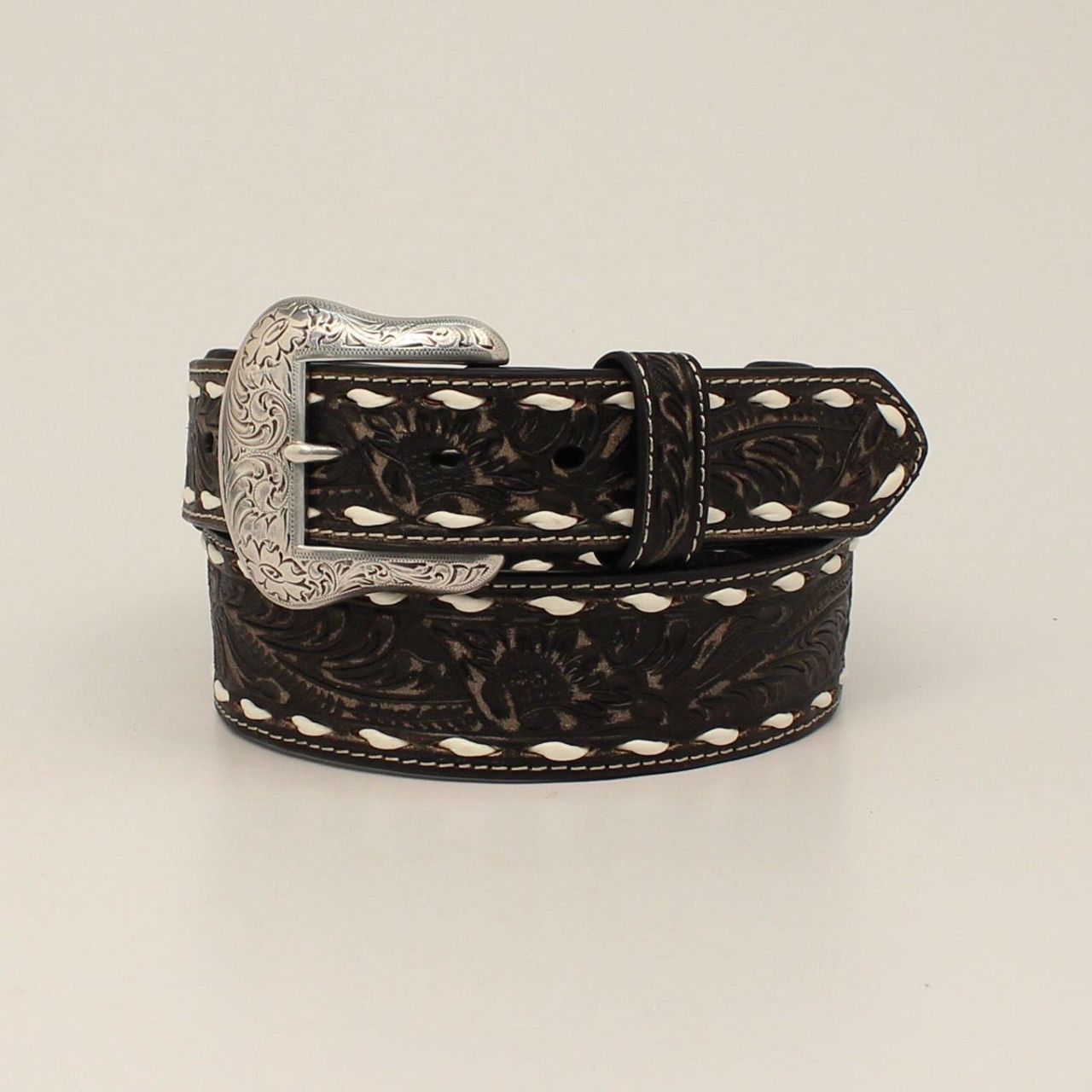 Nocona Men&#39;s Distressed Black Floral Tooled Belt
