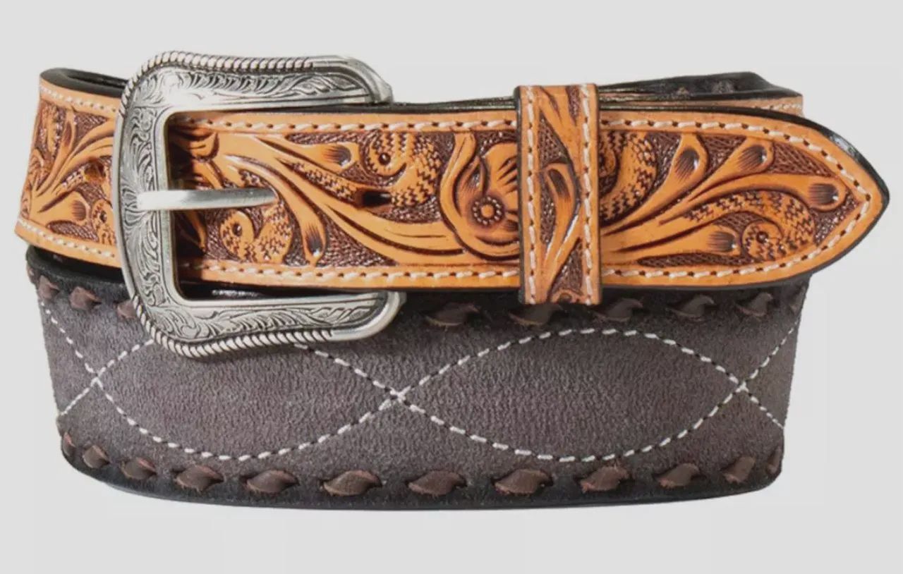 3D Men&#39;s Tapered Roughout Body Tooled Floral Leather Belt with Buckle