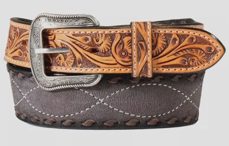 3D Men&#39;s Tapered Roughout Body Tooled Floral Leather Belt with Buckle