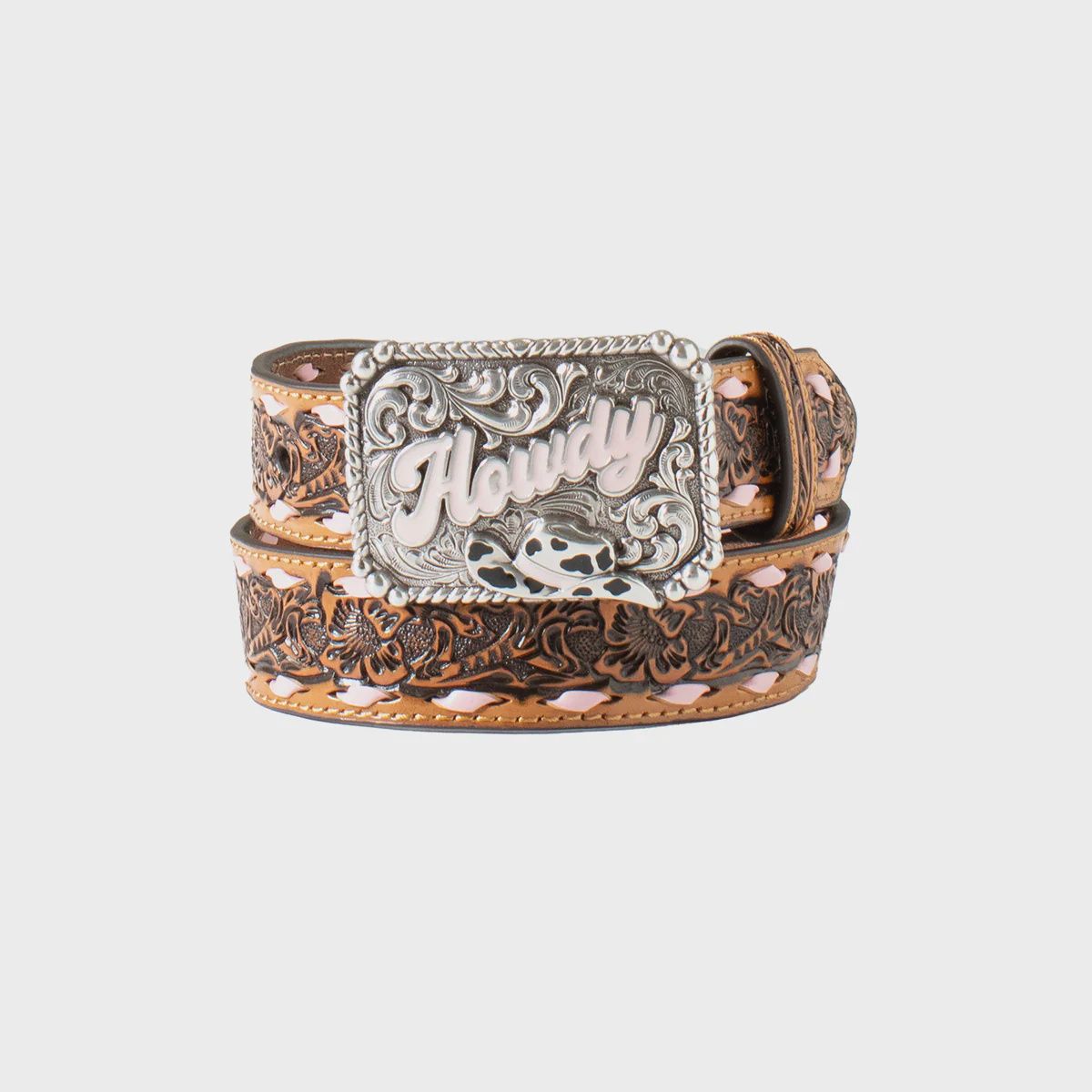 Angel Ranch Girl&#39;s Floral Tooled Leather Pink Accent Howdy Buckle Belt