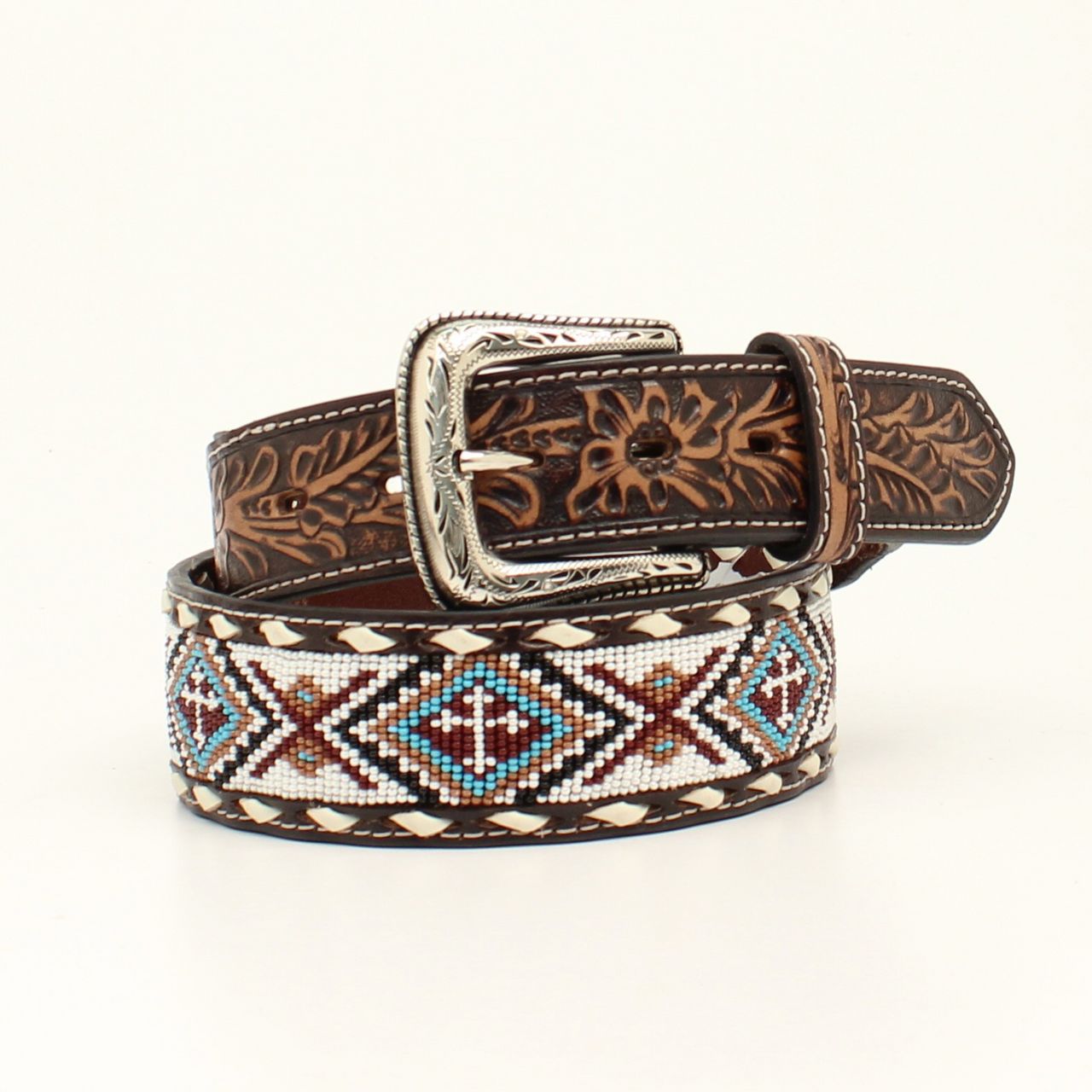 Nocona Men’s Belt Floral Tabs with Beaded Cross Inlay