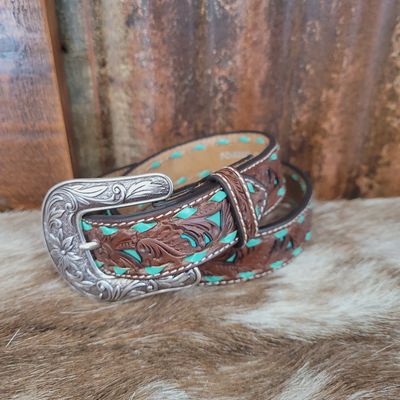 Nocona Girl’s Floral Tooled Belt Turquoise Buck Stitch