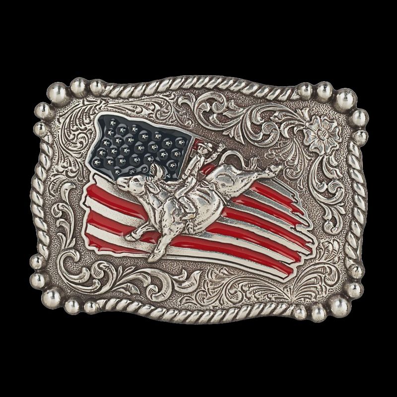 Nocona Youth Rectangle Distressed Flag American Bull Rider Belt Buckle