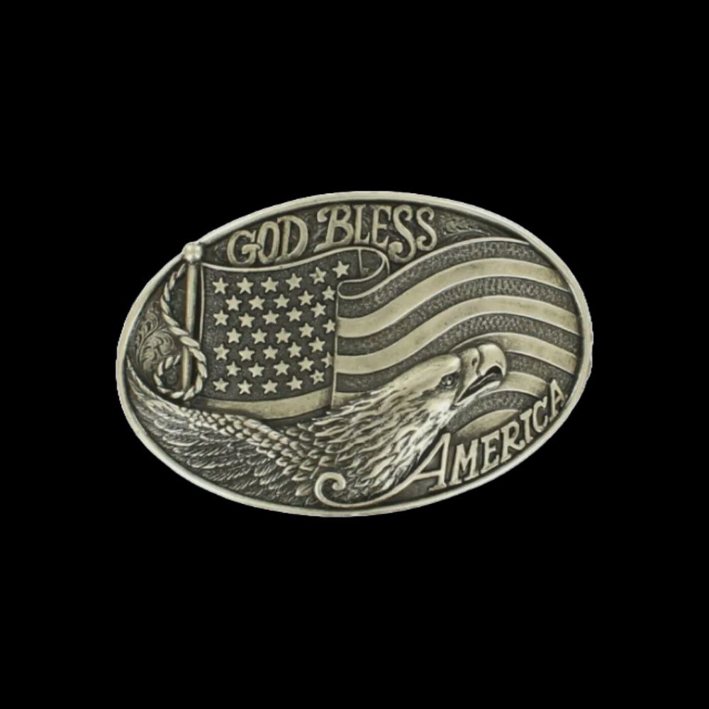 Nocona Oval God Bless America Silver Belt Buckle