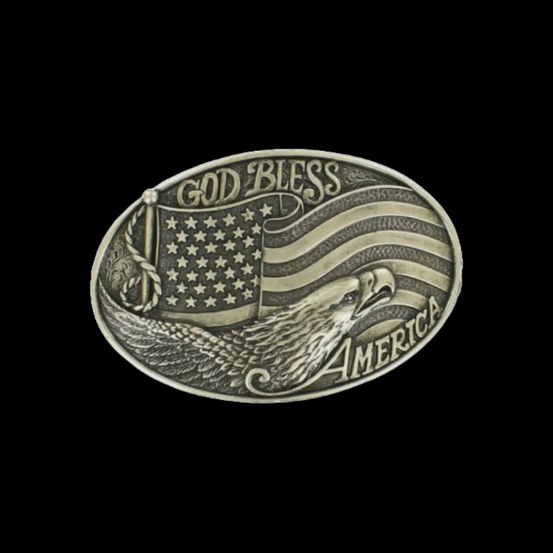 Oval God Bless America Silver Belt Buckle