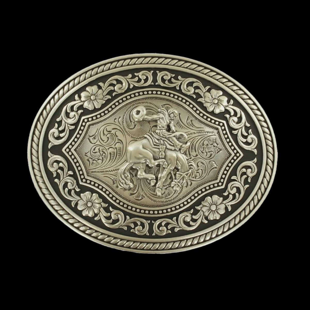 Nocona Silver Scroll &amp; Cowboy Belt Buckle