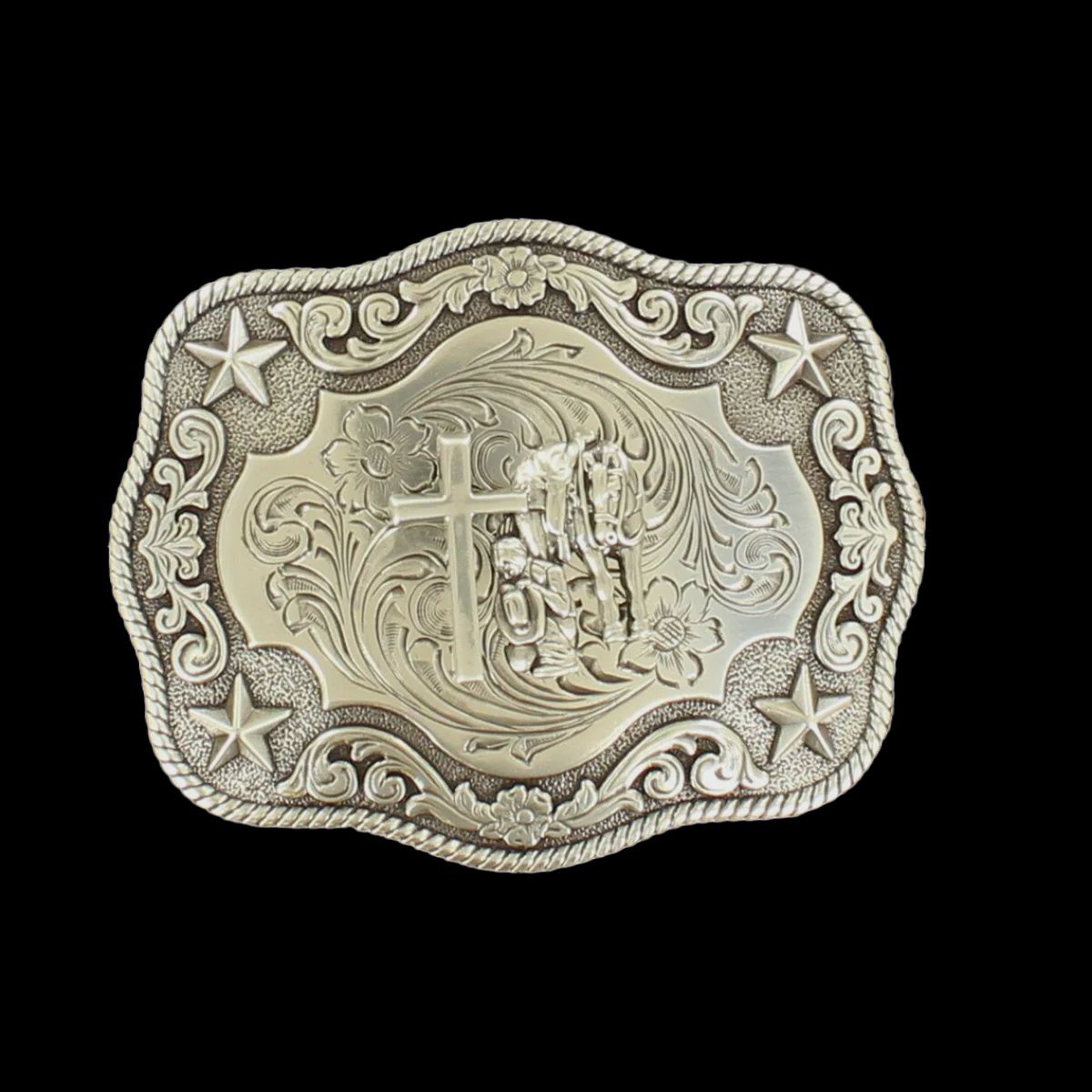 Nocona Silver Praying Cowboy Rectangle Belt Buckle