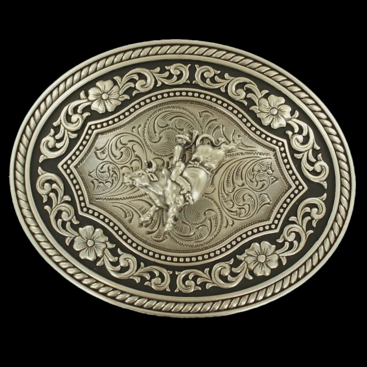 Nocona Silver Scroll &amp; Bull Rider Belt Buckle