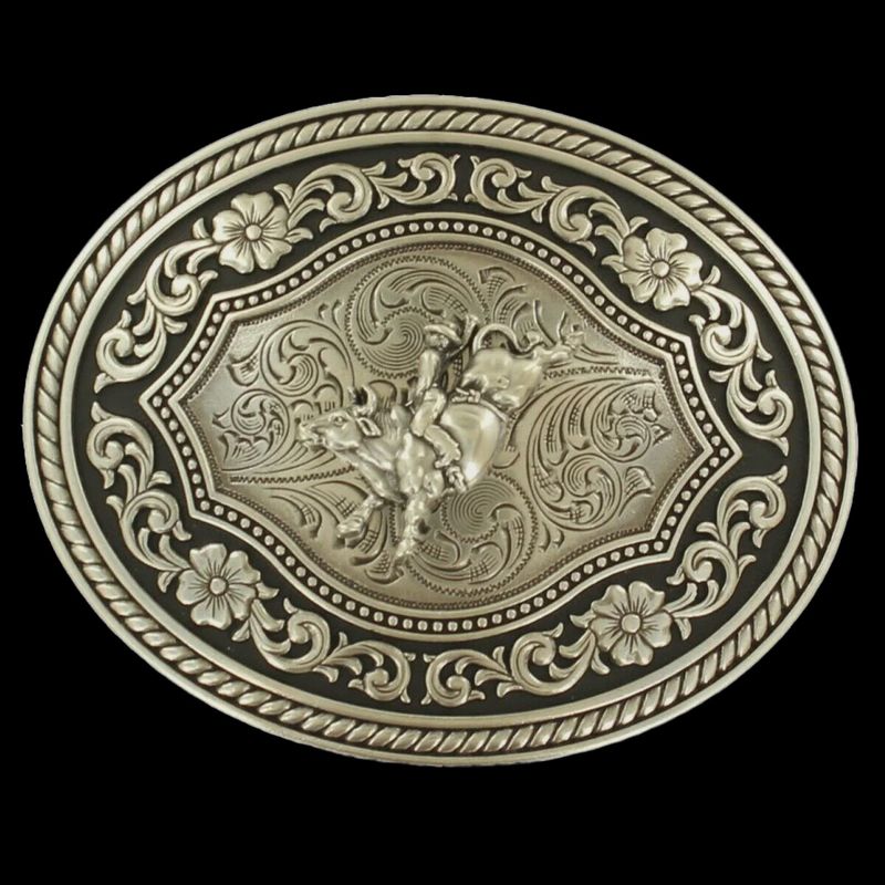 Nocona Silver Scroll &amp; Bull Rider Belt Buckle