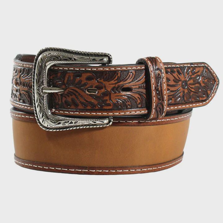 Ariat Men&#39;s Embossed Tab Medium Brown Leather Belt