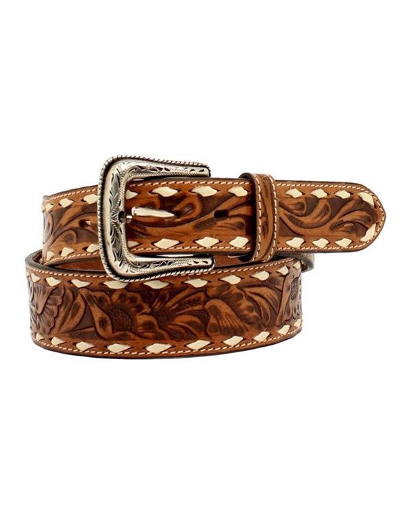 Nocona Men&#39;s Floral Tooled Buck Lace Leather Belt