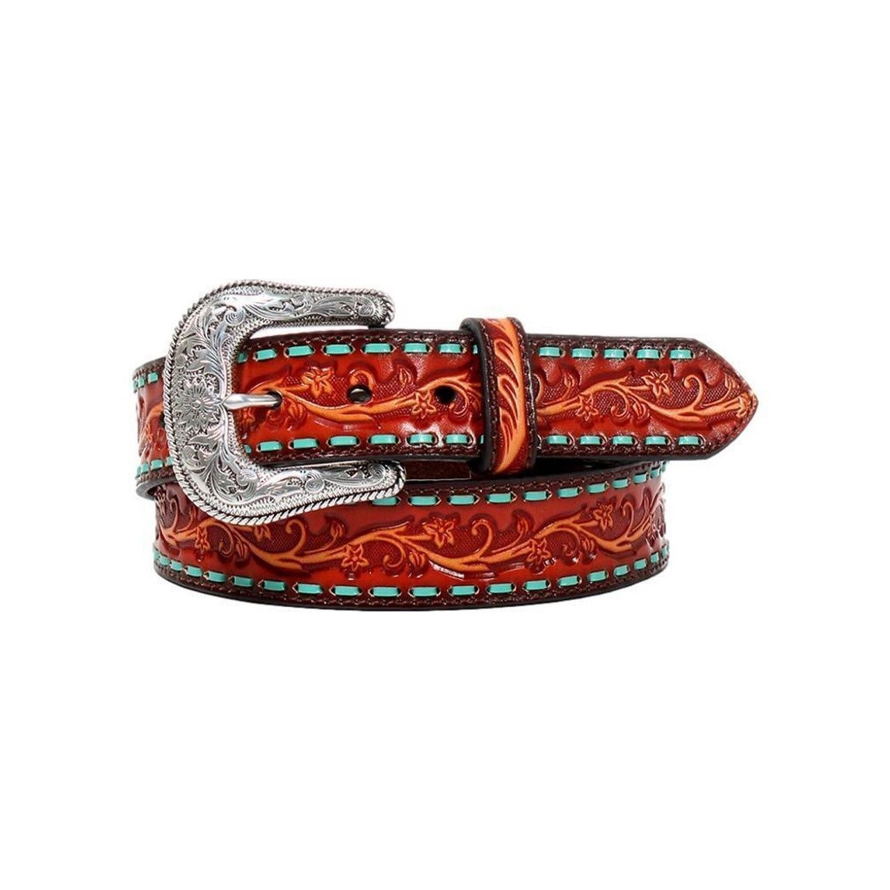 Ariat Women&#39;s Brown Tooled with Turquiose Buck Stitch Belt